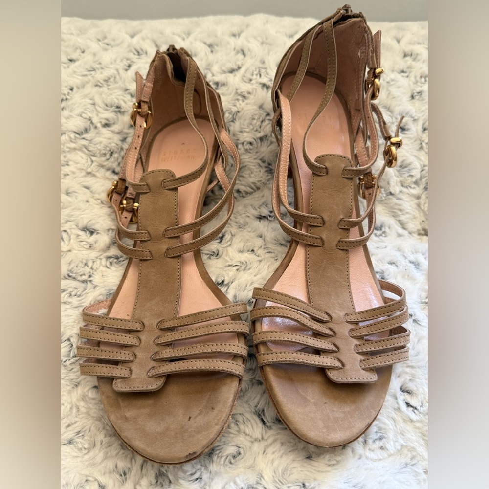 Stuart Weitzman Tan Huarache Sandals with Ankle Strap